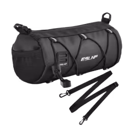 Black cylindrical bike handlebar bag with straps and a mesh side pocket.
