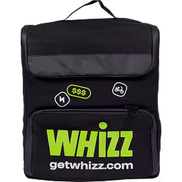 Black backpack with green text 'WHIZZ' and website 'getwhizz.com' printed on the front pocket.