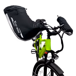 Bright green bicycle equipped with black waterproof handlebar and brake lever mitts for cold weather.