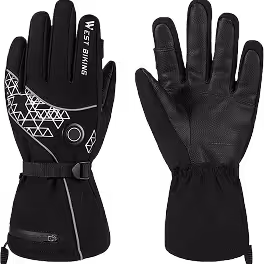 Pair of black electric heated gloves, one showing the back with geometric patterns and adjustable strap, the other the palm side with textured grip.