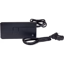 Black rectangular power adapter with attached electrical cord and plug.