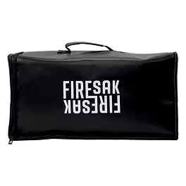 Black rectangular fireproof battery bag with white reversed FIRESAK text and a handle on top.