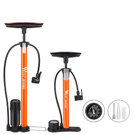Two orange and black bicycle floor pumps with pressure gauges, hose, and multiple valve adapters.