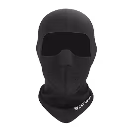 Black full-face winter mask with perforations around the mouth area and a neck cover with white text.