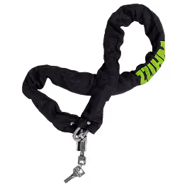 Black chain lock with a fabric cover and green text, secured with a small key.