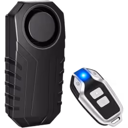 Black wireless bike alarm with a remote control showing a blue LED light.