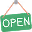 Green rectangular sign with the word 'OPEN' in white capital letters.