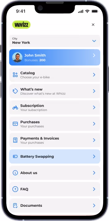 Mobile app screen showing a navigation menu with options like Catalog, What's new, Subscription, Purchases, Payments & Invoices, Battery Swapping, About us, FAQ, and Documents under New York city and user John Smith with 200 bonuses.