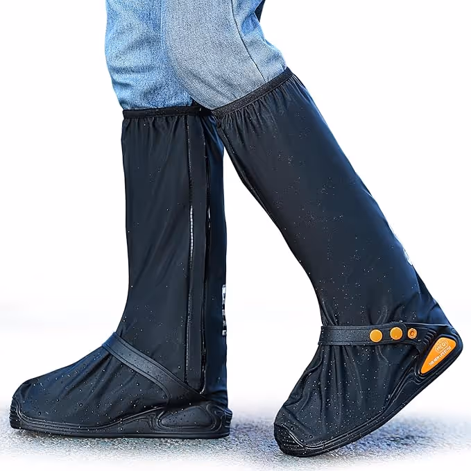 Pair of waterproof black shoe covers worn over jeans with water droplets on them.