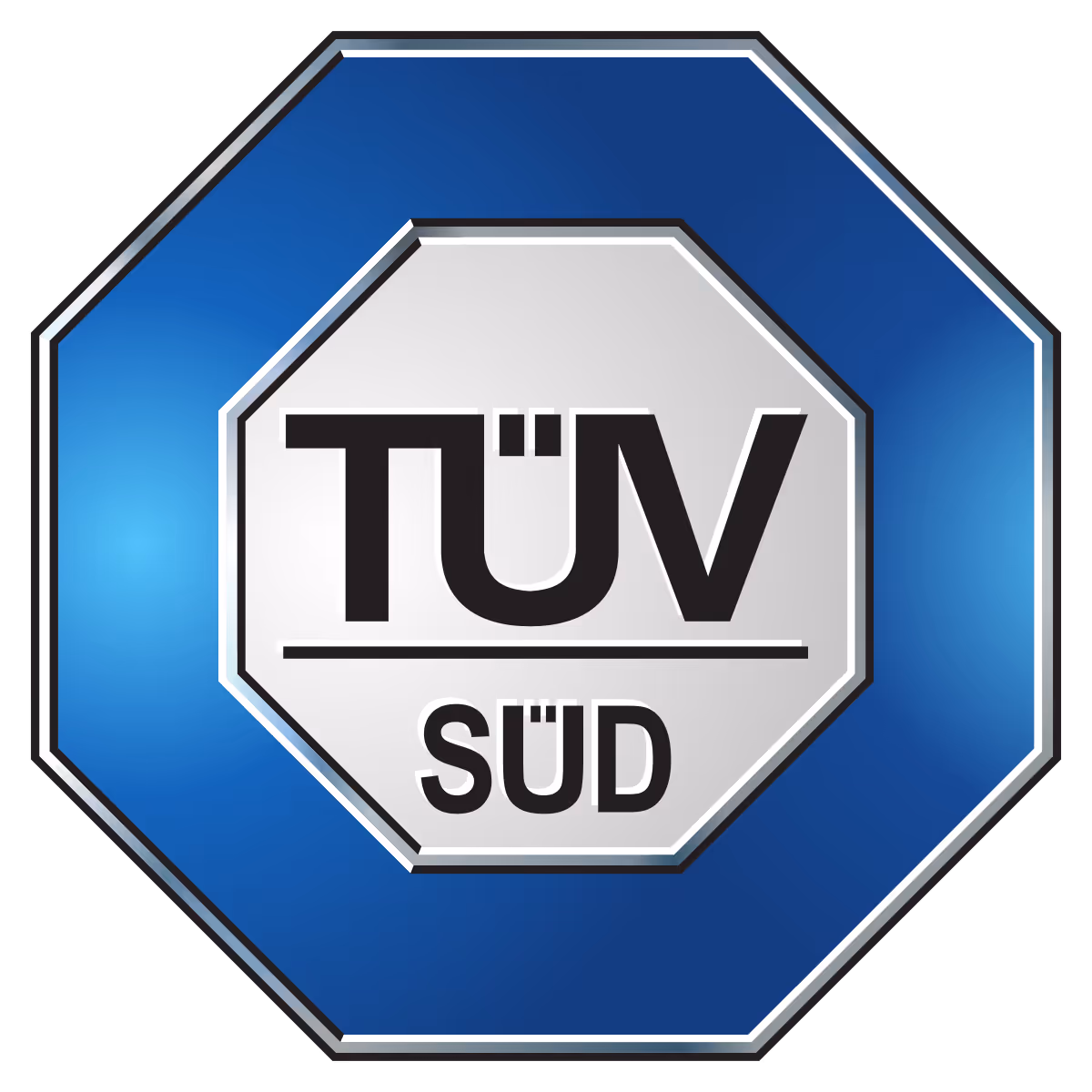 TÜV SÜD certification logo with bold black text inside a blue and silver octagonal shape.