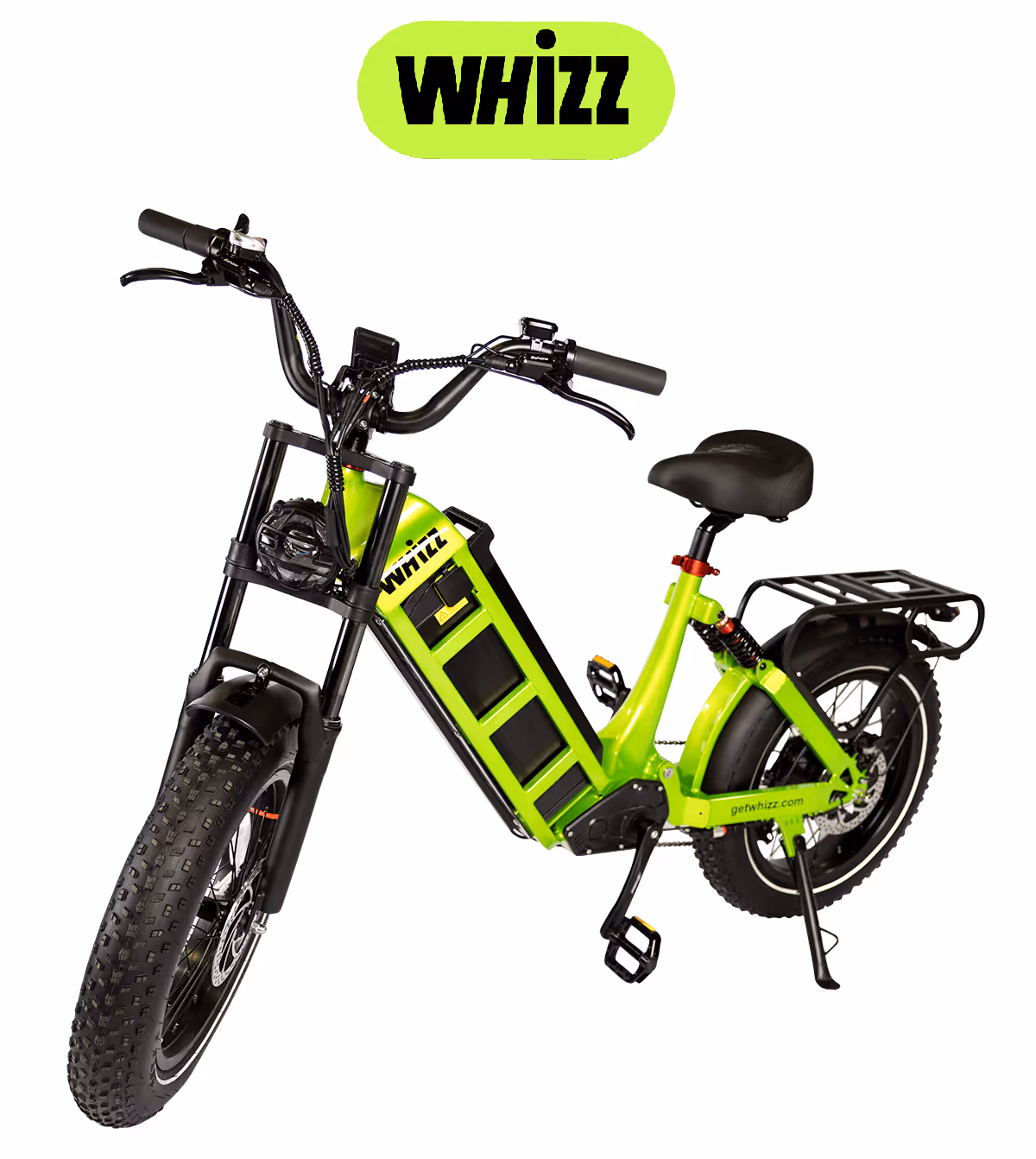 Bright green Whizz electric bike with thick tires, black saddle, and rear cargo rack.