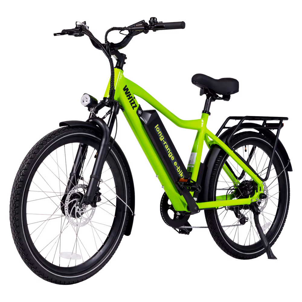 Bright green WHIZZ electric bike with long-range battery, front and rear disc brakes, and rear cargo rack.