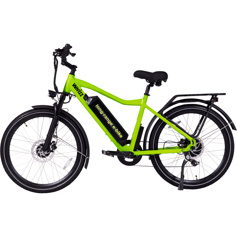 Bright green long-range e-bike with black saddle, battery pack on the frame, front and rear fenders, and rear cargo rack.