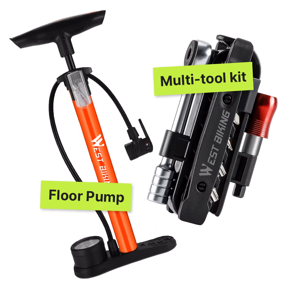 Orange West Biking floor pump and black West Biking multi-tool kit for bike repairs.