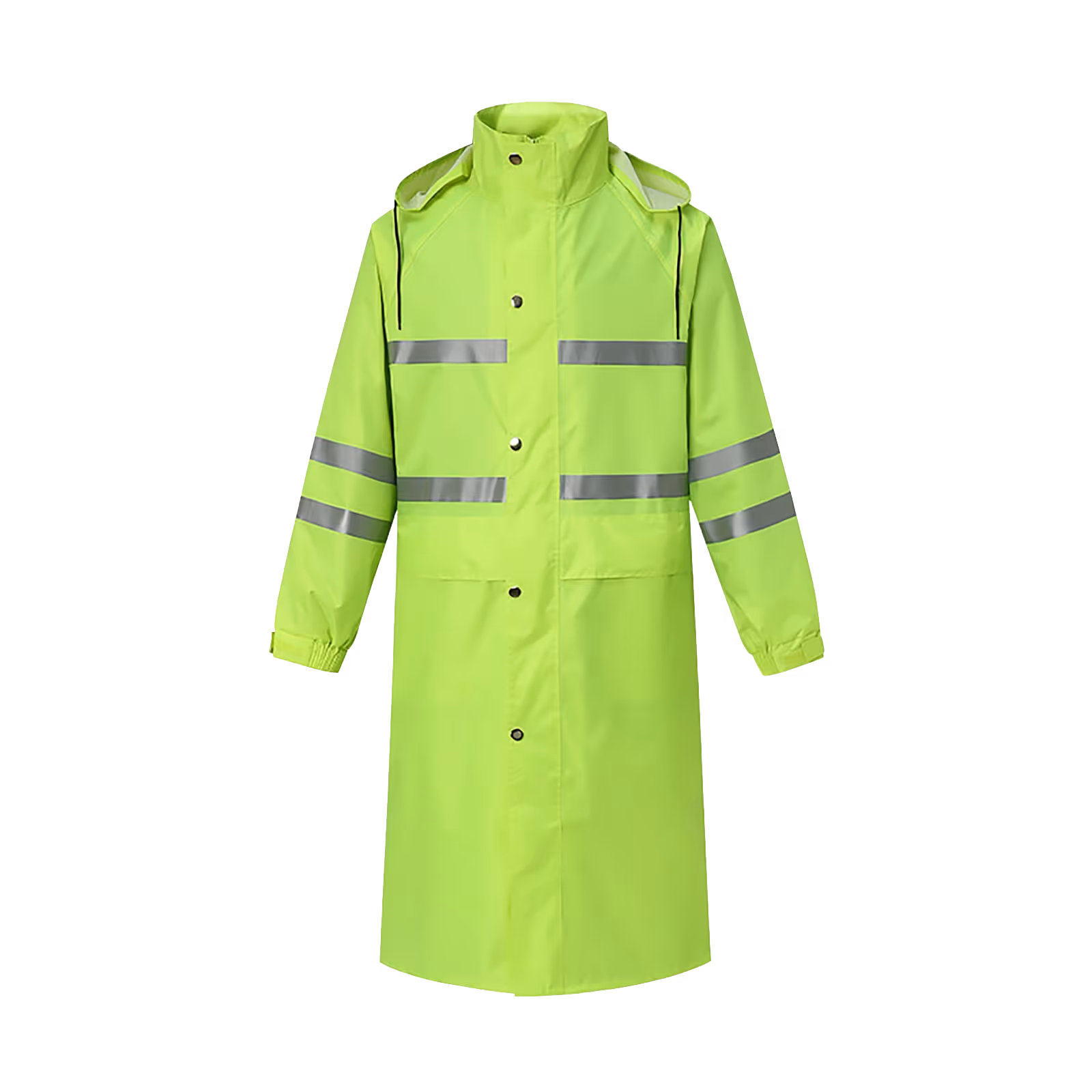 Long neon yellow raincoat with reflective gray stripes on chest and sleeves, snap button front, and hood.