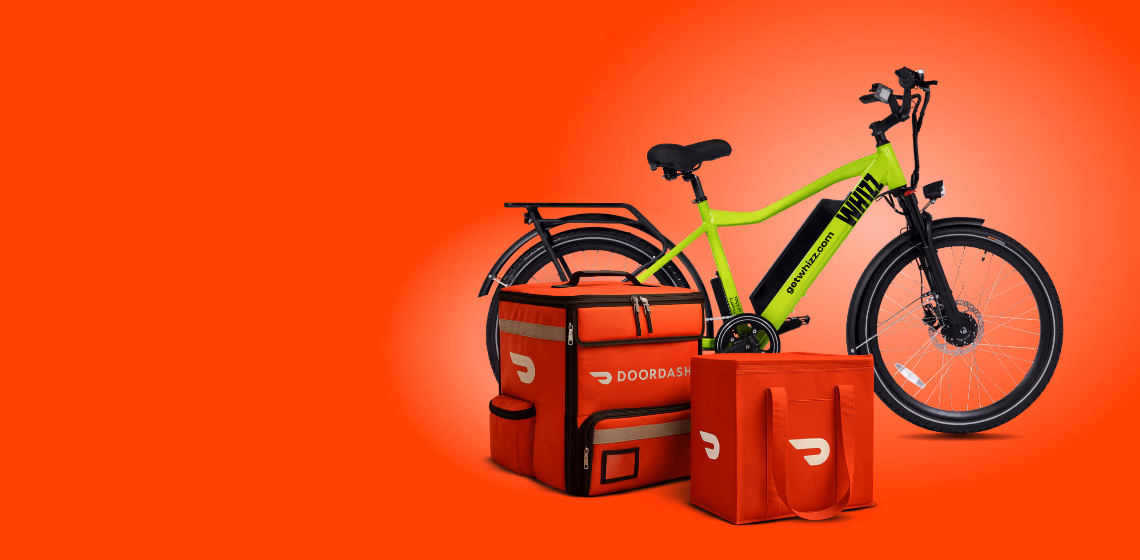 Bright green Whizz electric bike with two red DoorDash delivery bags against an orange background.