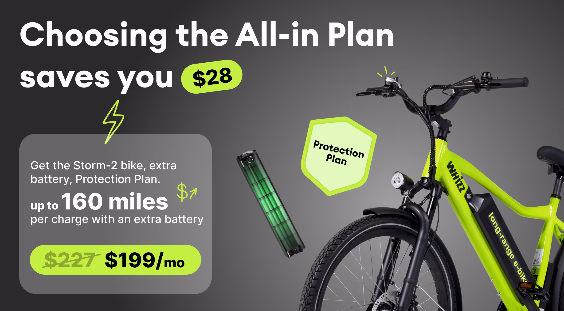 Electric green Storm-2 bike with extra battery and protection plan offer, saving $28 with monthly price of $199 for up to 160 miles per charge.