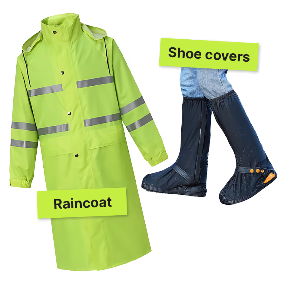 Bright yellow-green raincoat with reflective strips and black waterproof shoe covers worn over jeans.