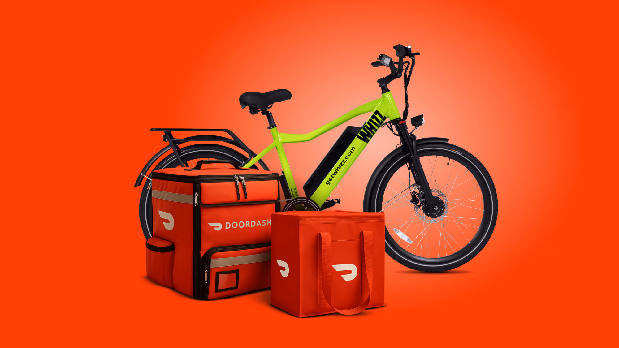 Bright green electric bike with black seat and red DoorDash insulated delivery bags on a solid red background.