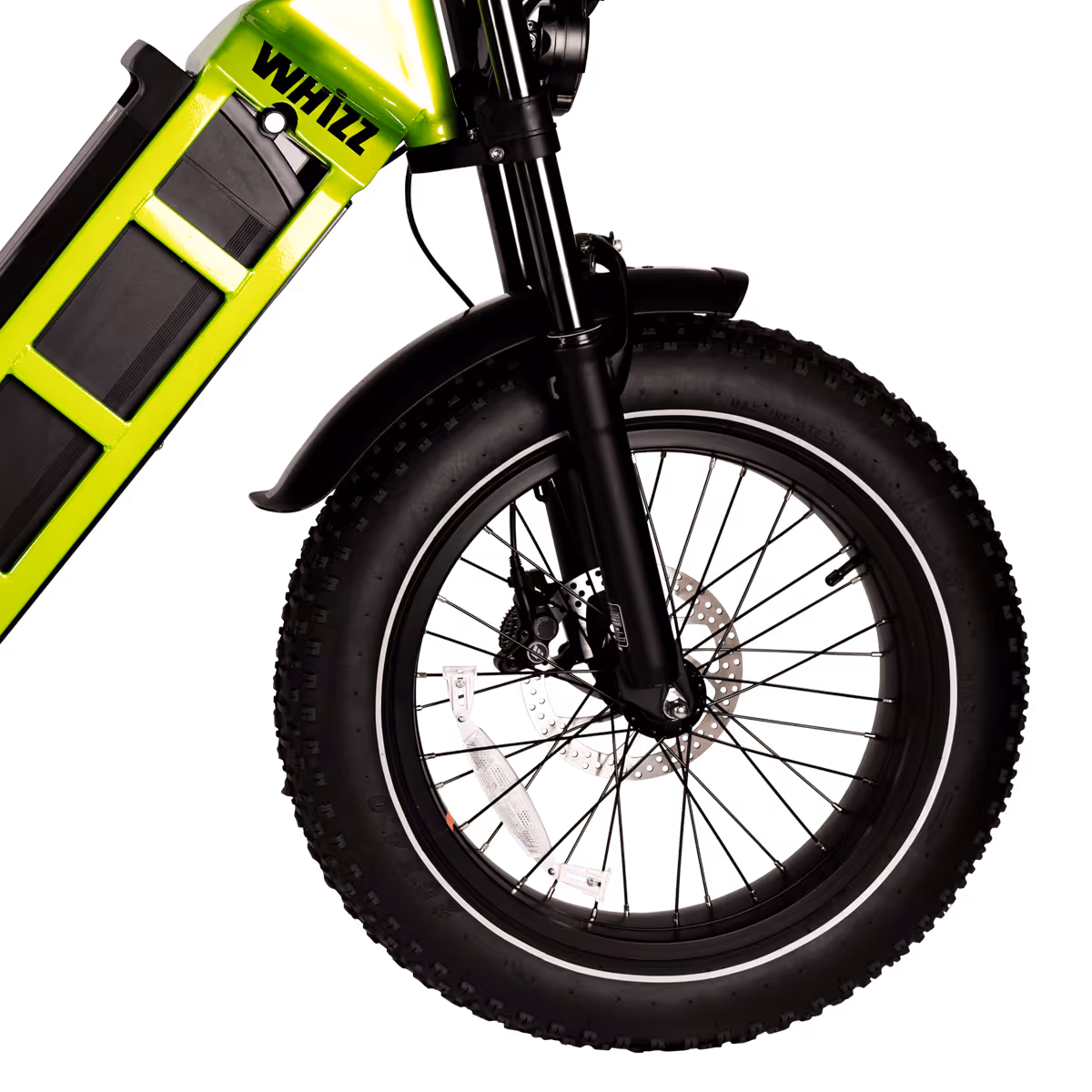 Close-up of the front wheel and fork of a green Whizz electric bike featuring a thick tire and disc brake.