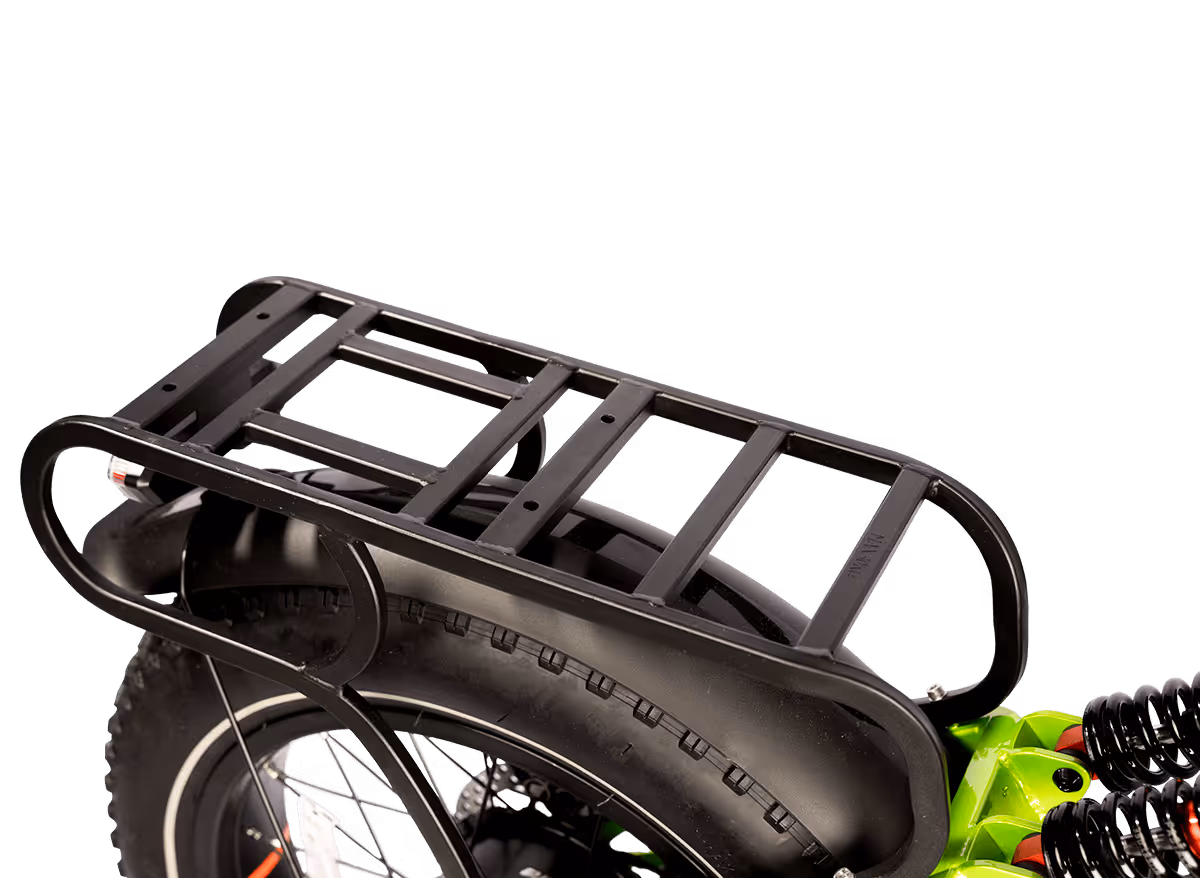 Rear cargo rack mounted above the back wheel of a green electric bike with thick tires and suspension springs.