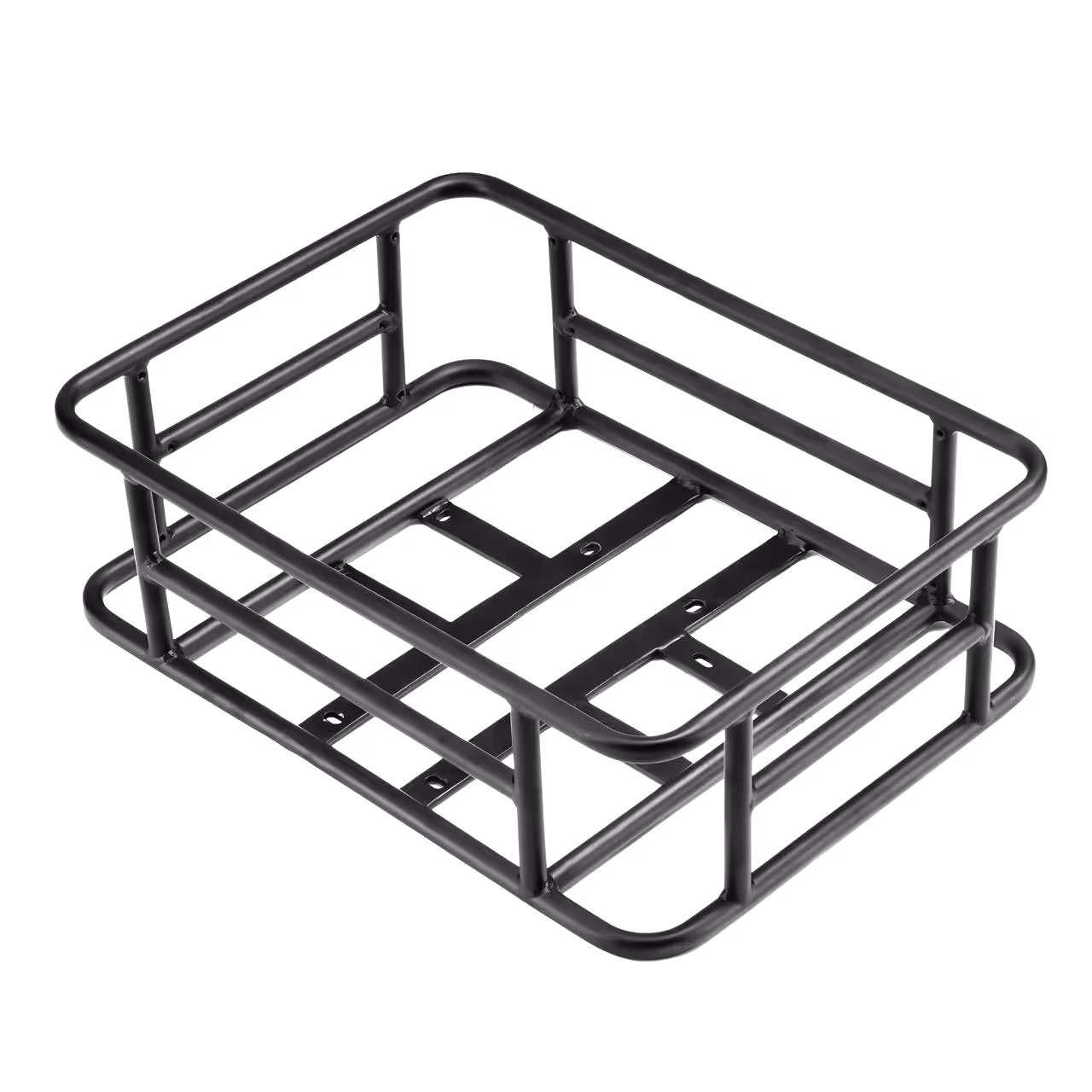 Black metal cargo basket with rectangular frame and open sides.