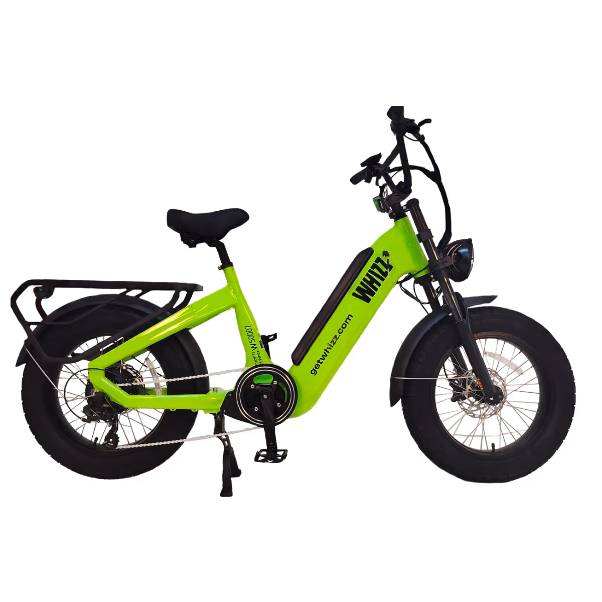 Bright green WHIZZ electric bike with fat tires, rear rack, and front headlight.