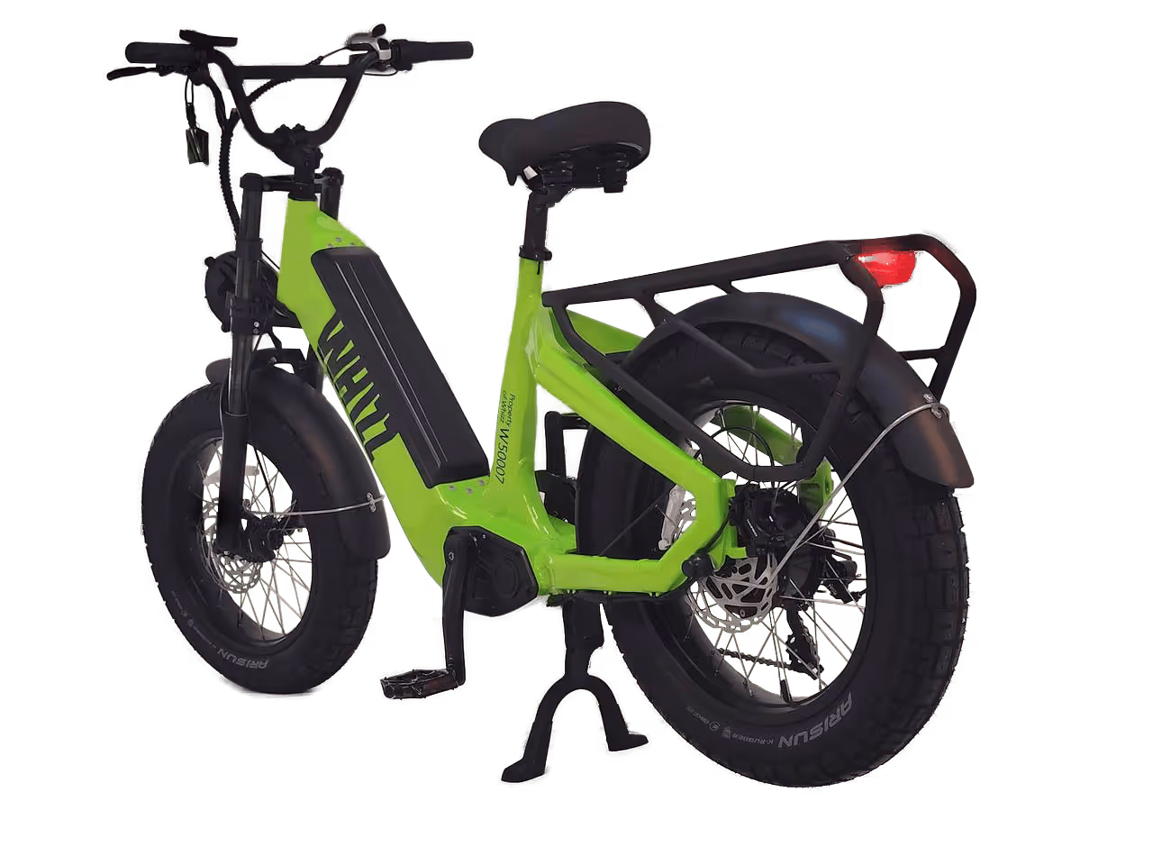 Bright green electric bike with fat tires, rear rack, and black seat.