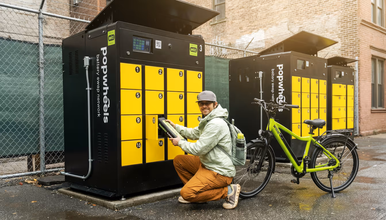 Man in light jacket and cap kneeling next to a popwheels battery swap locker, holding a bicycle battery with a green electric bike parked nearby.