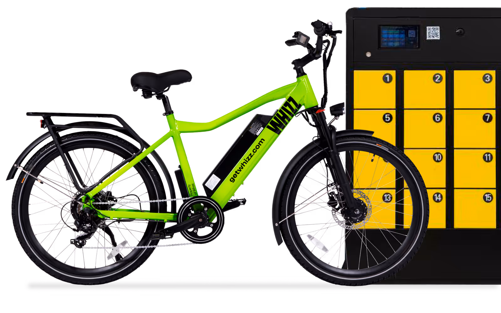Bright green WHIZ electric bike parked in front of a black and yellow docking station with numbered lockers.
