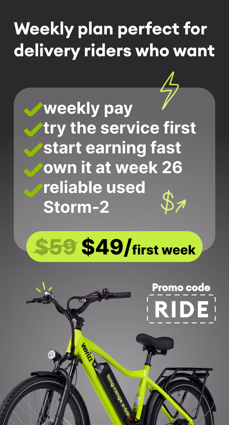 Advertisement for weekly delivery rider plan featuring a bright green electric bike and benefits including weekly pay, fast earning, service trial, ownership at week 26, and reliable used Storm-2 with promo code RIDE for $49 first week.