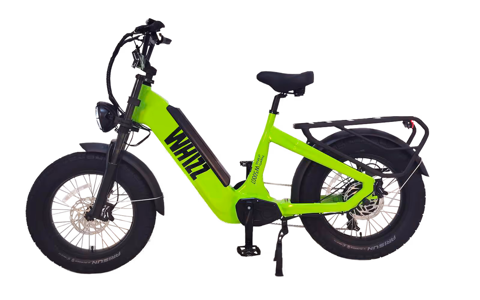 Bright green WHILL electric bike with fat tires, black seat, rear cargo rack, and front headlight.