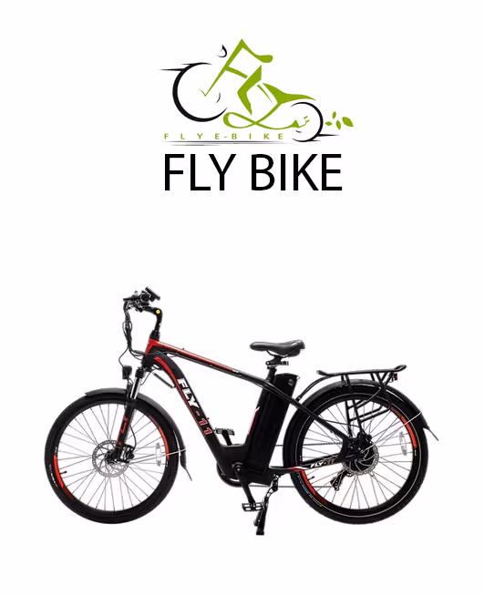 Black and red electric mountain bike with FLY BIKE branding displayed below a green and black Fly Bike logo.