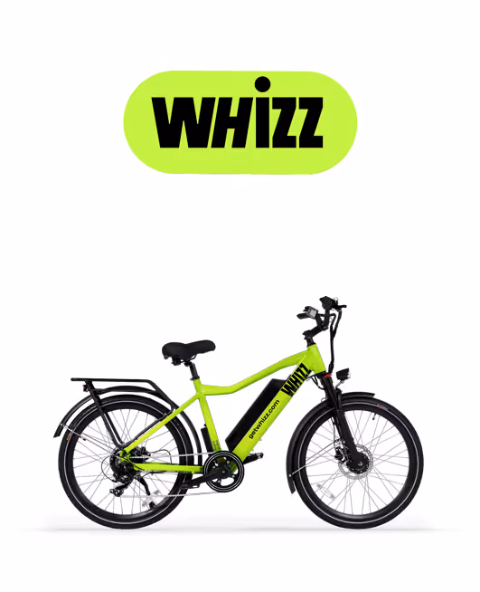 Bright green Whizz electric bicycle with black seat, handlebars, and wheels, shown from the side.