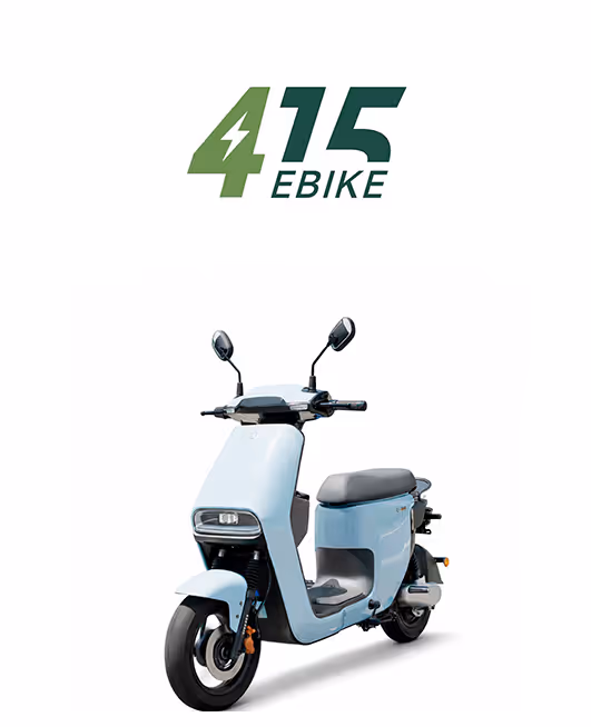 Light blue modern electric scooter with black seat and handlebars under a green and dark green 415 EBIKE logo with a lightning bolt in the number 4.