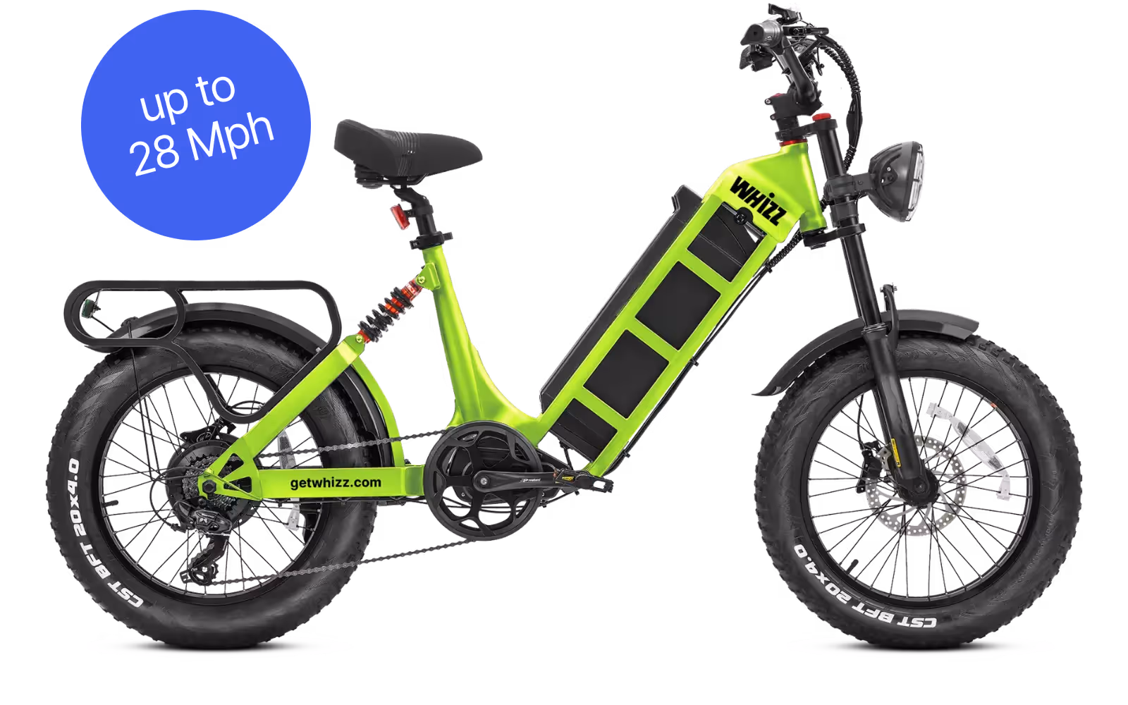 Bright green Whizz electric bike with fat tires, rear rack, and a blue circle stating up to 28 mph.