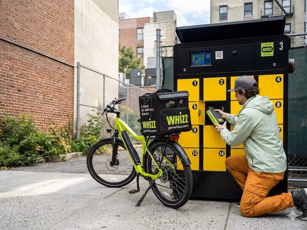 Delivery person in a green jacket and orange pants kneeling to place a battery into a yellow Whizz bike charging locker next to a green electric delivery bike.