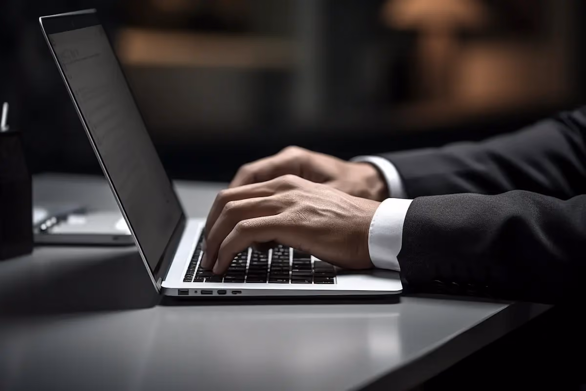 Mains d'un professionnel en costume tapant sur un clavier d'ordinateur portable