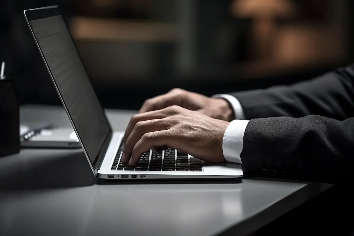 Mains d'un professionnel en costume tapant sur un clavier d'ordinateur portable