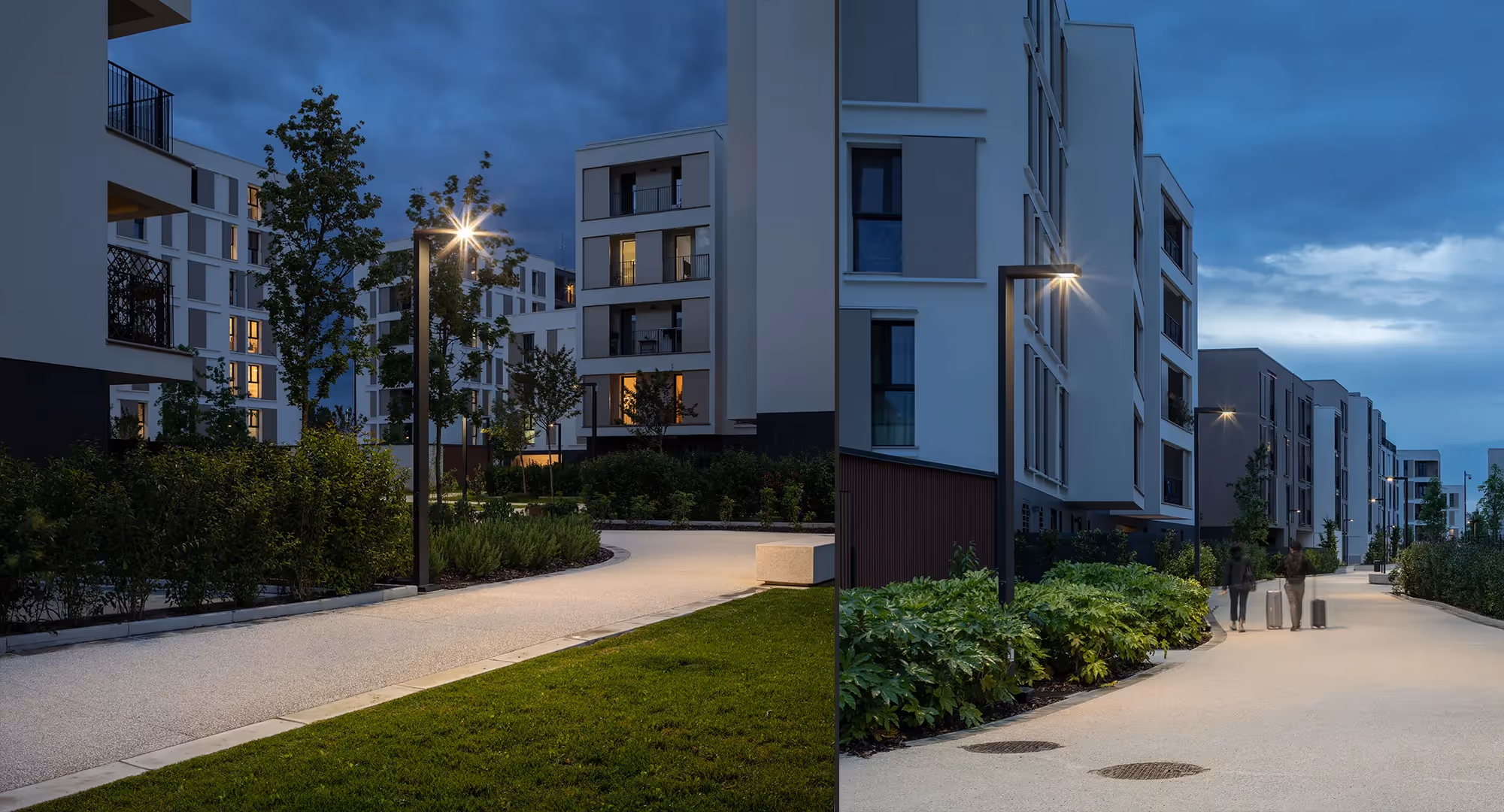 Innovative LED-Beleuchtung bei Nacht im Stadtteil von Mailand: REDO Merezzate