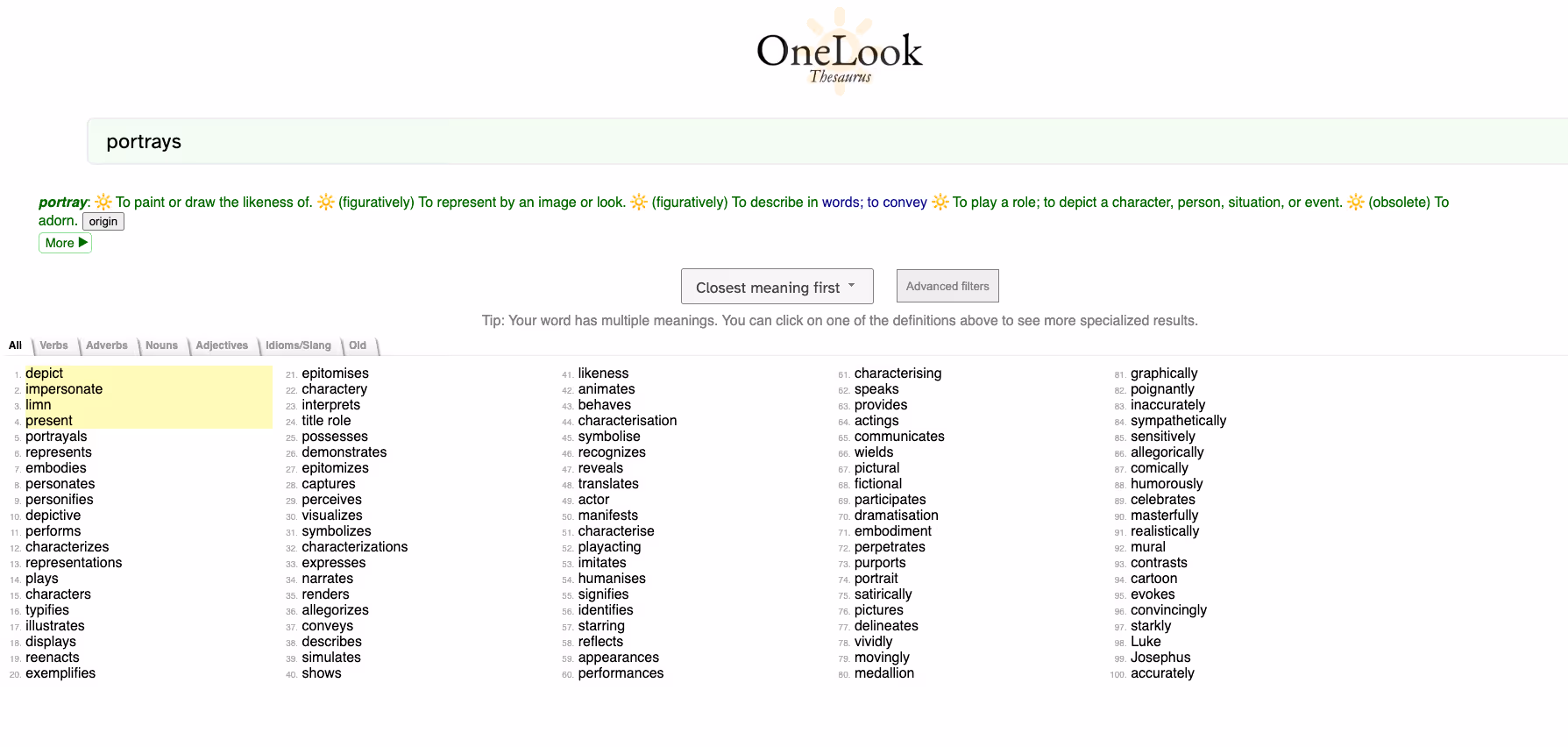 OneLook Thesaurus screeenshot demonstrating how it provides many synonyms to help with crafting the best expression when essay writing