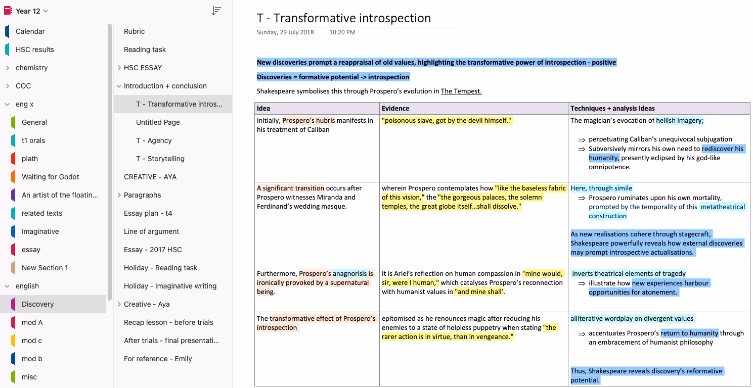 OneNote tab showing a table that scaffolds a paragraph for a HSC English essay.
