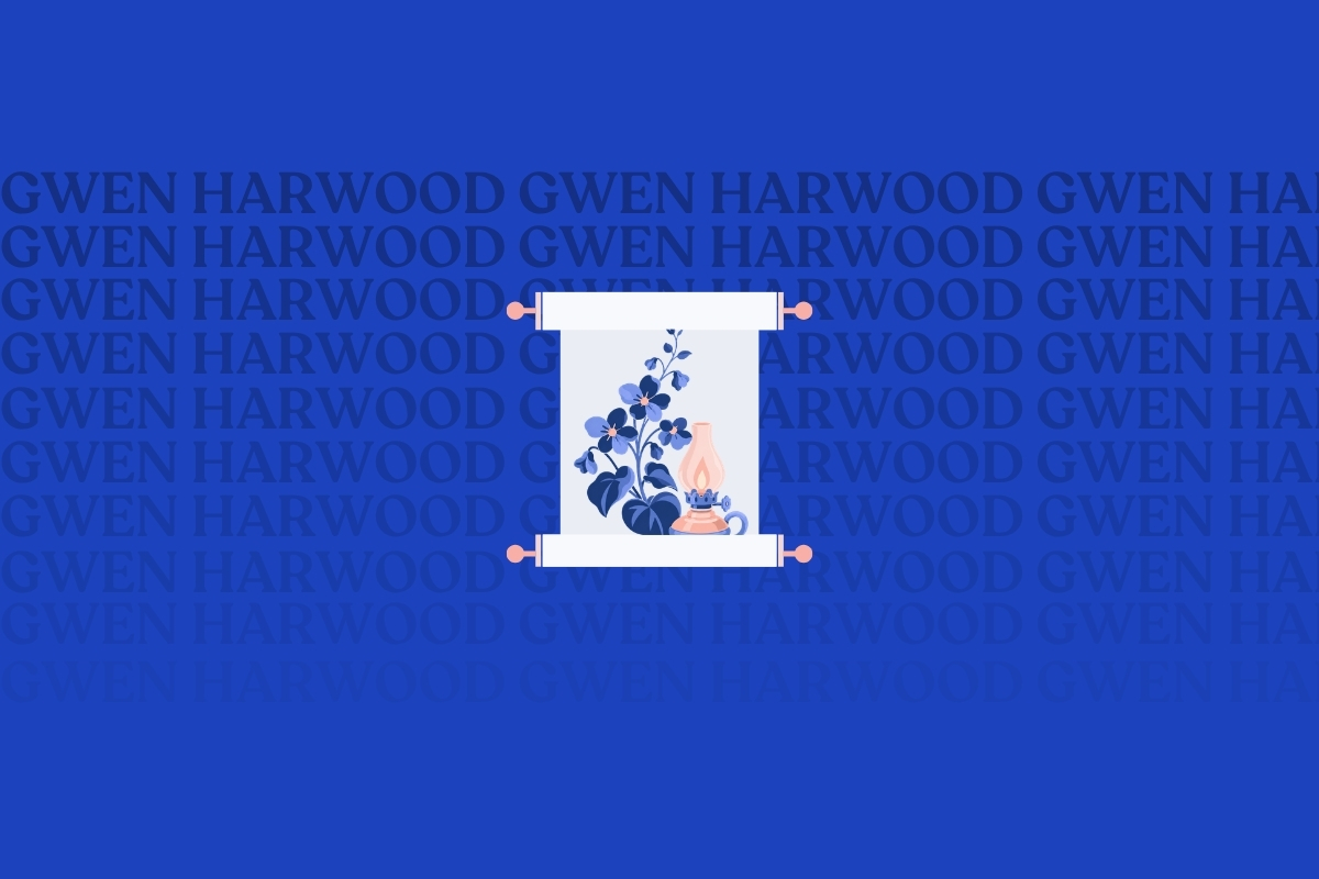 Cover illustration for Gwen Harwood HSC Common Module text guide, featuring violets and an oil lamp