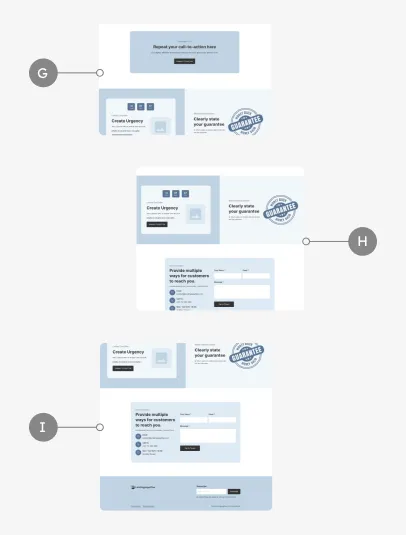 Three wireframe website slider designs featuring call-to-action sections with headers, images, guarantee badges, social media icons, and contact forms.