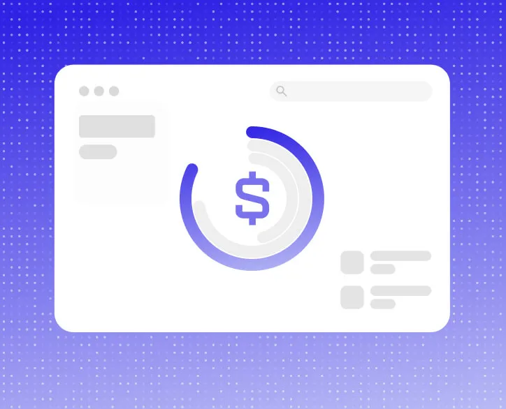 Illustration of a web page interface with a central dollar symbol surrounded by a partially complete circular progress bar on a blue dotted gradient background.