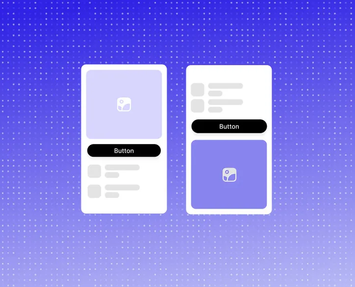 Illustration of two mobile app screens with black 'Button' elements, purple image placeholders, and grey text blocks on a blue and purple dotted gradient background.