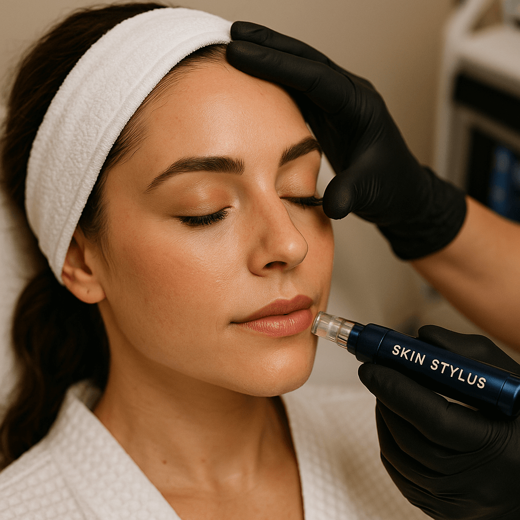  A happy, confident woman in a soft wellness setting with natural lighting, showcasing refreshed skin and a serene medspa-inspired aesthetic.