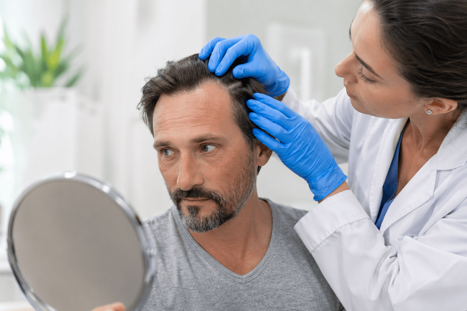 Patient exploring stem cell hair restoration results for thinning hair in Sandy Springs Georgia