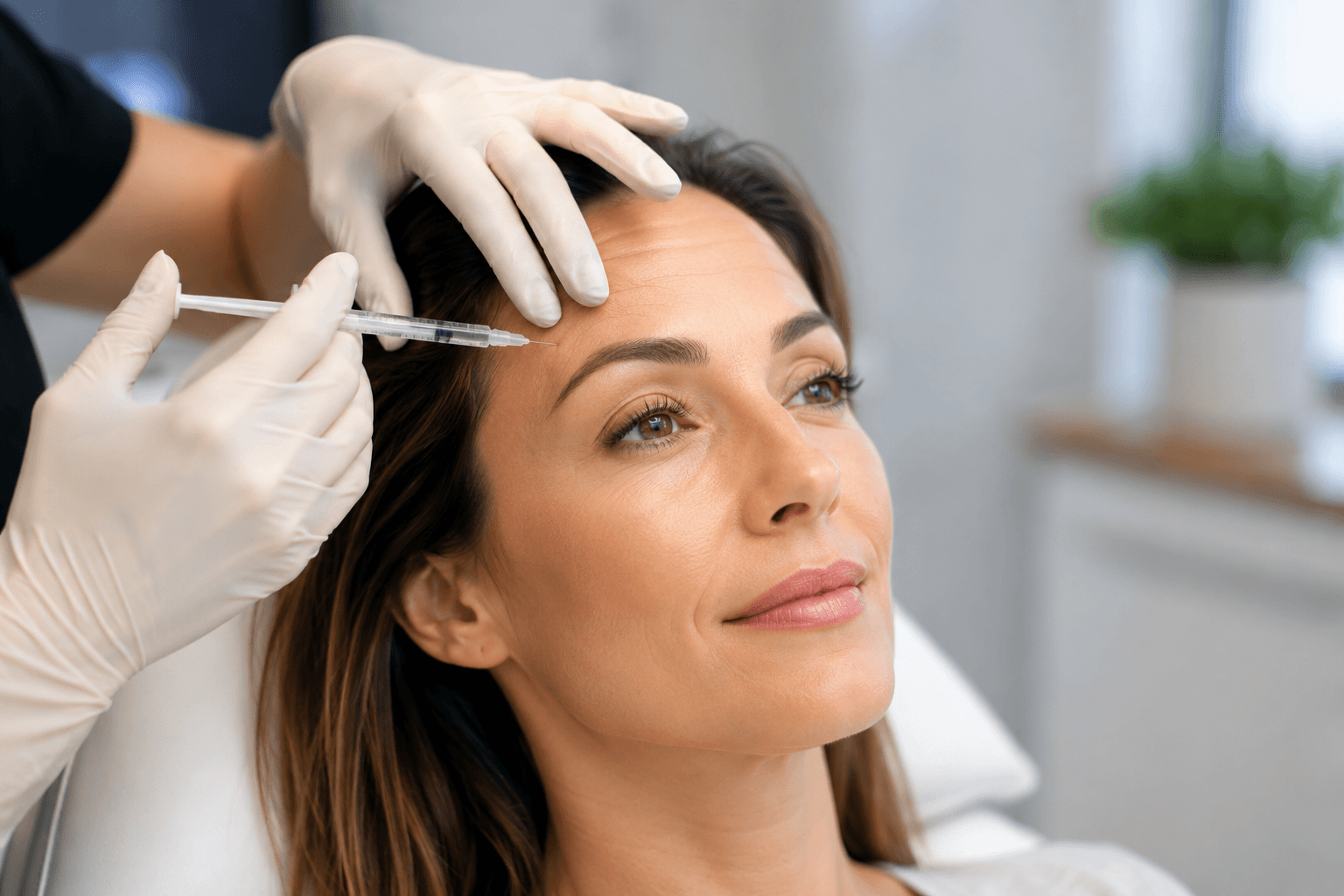 Patient receiving Botox treatment for forehead wrinkles at an aesthetic clinic in Sandy Springs, Georgia