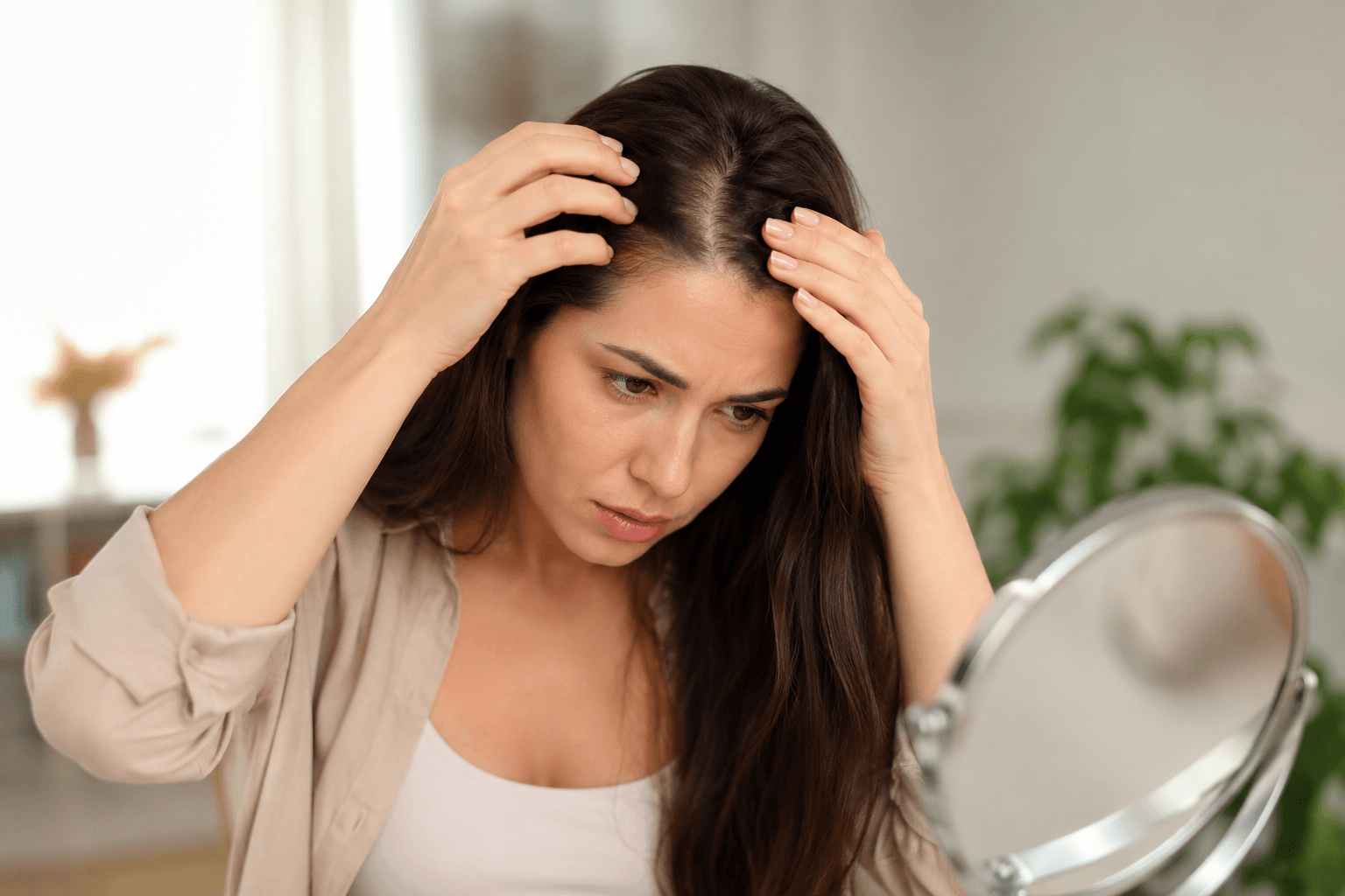 Woman examining hair thinning in mirror in Sandy Springs Georgia during early hair loss concerns